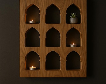 Vägghylla i naturteak | Boho-displaypanel med 9 nischer