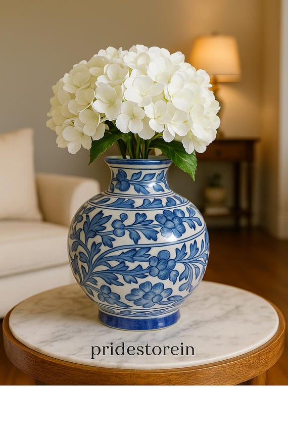 手作りの青と白の花柄陶器花瓶 - 8インチ陶器 - Etsy 日本