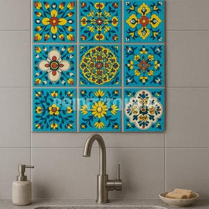 Assorted Hand-Painted Ceramic Wall Tiles   4 * 4 INCHES – Turquoise Floral Pattern | Outdoor Patio Decor | Mediterranean Style