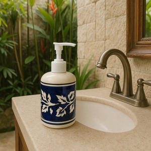 Ceramic Soap Dispenser – Blue & White Hand-Painted Floral Pump Bottle – Refillable Bathroom or Kitchen Accessory