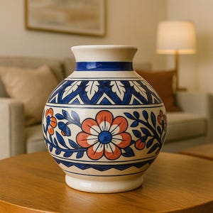 May include: A white ceramic vase with a blue and orange floral design. The vase has a round body and a narrow neck.