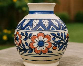 オレンジとブルーの花の8インチ陶器花瓶 – 手作り陶器のインテリア