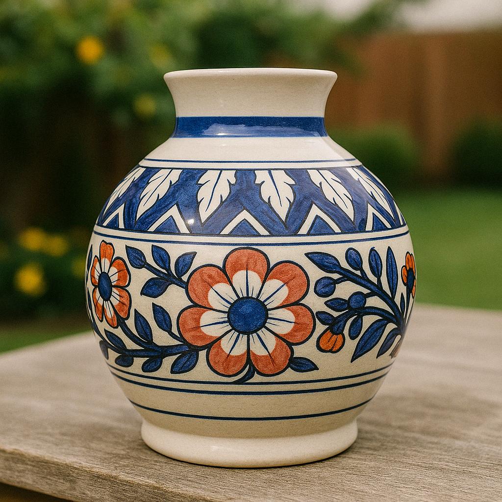 オレンジとブルーの花の8インチ陶器花瓶 – 手作り陶器のインテリア