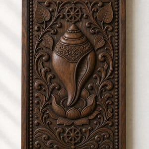 Panneau mural en bois de teck orné d'un coquillage, 61 x 91 cm, sculpté à la main, motif bouddhiste, finition teck mat foncé.