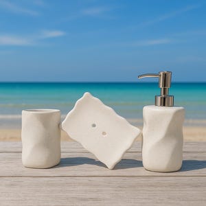 Coastal Calm Ceramic Bathroom 4 Set – Handmade Ocean-Inspired Soap Dispenser, Toothbrush Cup & Wavy Tray