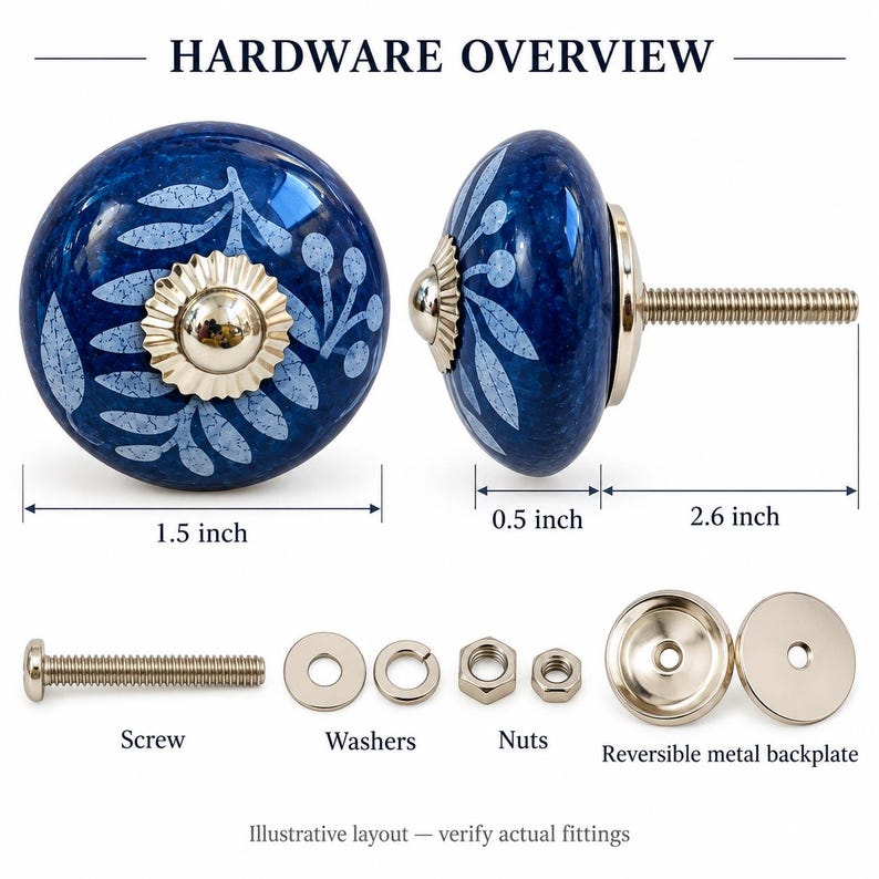 May include: A round blue ceramic cabinet knob with a white leaf and berry pattern, featuring a silver-tone metal center and base. The knob measures 1.5 inches in diameter and 0.5 inches in depth, with a 2.6-inch screw, washers, nuts, and a reversible metal backplate.