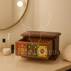 Handcrafted Mango Wood Box with Hand-Painted Ceramic Tiles - Indian Artisan