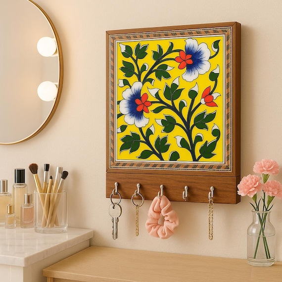 Handcrafted Ceramic Yellow Tile Key Holder – Vibrant Blue Floral