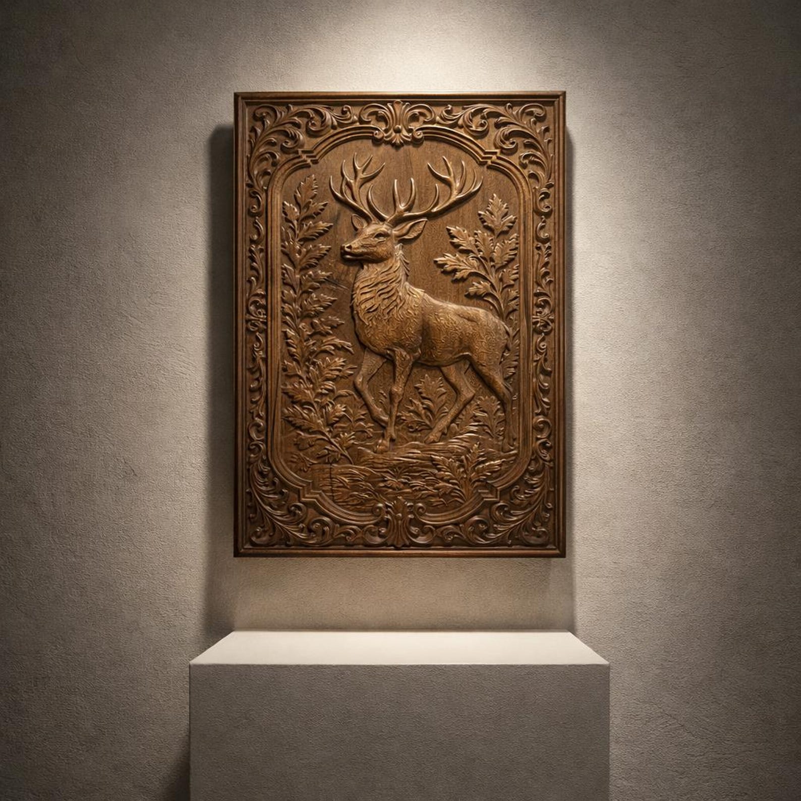 Carved Wooden Deer Wall Panel | Natural Teak Brown Stag Art, Rustic ...