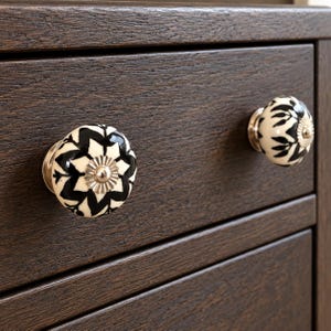 Black & Ivory Floral Ceramic Cabinet Knobs, Hand-Painted, 1.5 Inch