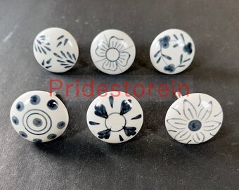 6 PC Ceramic Cabinet Knobs | White and Black Floral Dresser Pulls