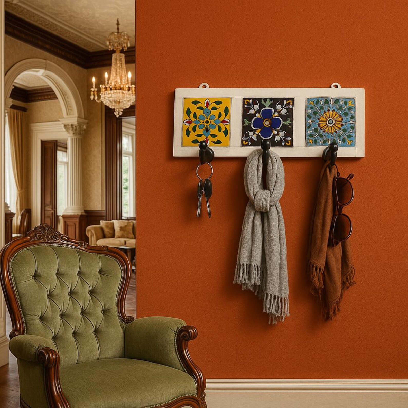Inlay Ceramic Tile Key Rack – Wooden Wall Hook for Entryway or Office ...