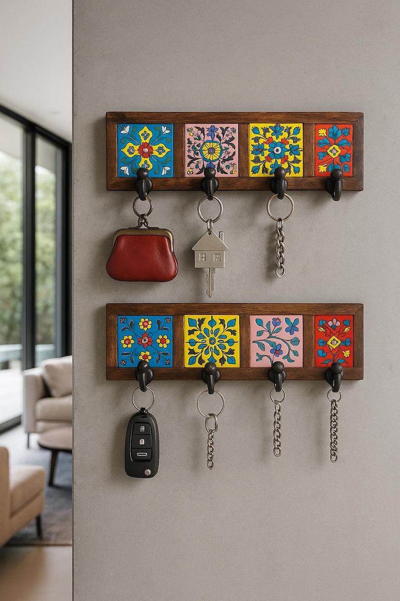 Inlay Ceramic Tile Key Rack – Wooden Wall Hook for Entryway or Office ...