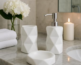 Modern Geometric White Ceramic Bathroom 3 PC Set - Soap Dispenser, Toothbrush Holder, and Dish