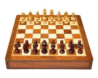 12 x 12 inch Handicrafts Drawer Wooden Chess Board with Set Made with Finest Indian Rosewood