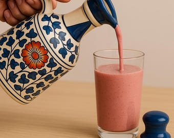 Hand-Painted Blue Floral Ceramic Jug with Lid – 1000ml Traditional Indian Pottery Water Carafe, Boho Kitchen Decor, Unique Gift Idea