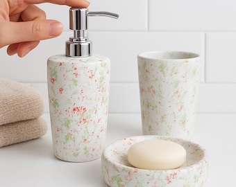 Farbenfrohes Keramik 3-teiliges Badezimmer Set - Rustikaler Blumen Seifenspender, Zahnbürstenhalter & Tablett