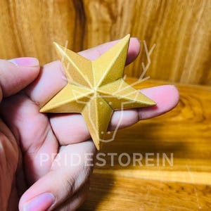 Puede incluir: Adorno dorado en forma de estrella de cinco puntas. La estrella tiene un diseño facetado y se sostiene en una mano. El texto "PRIDESTOREIN" es visible en la imagen. La estrella es probablemente un artículo decorativo o una joya.