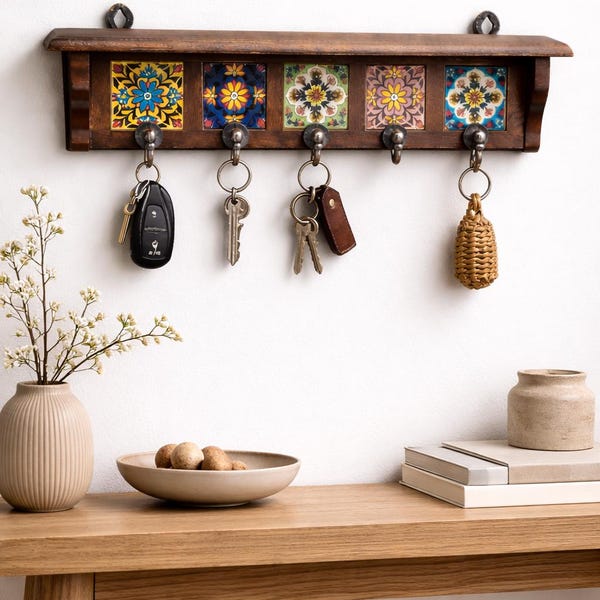 Luxury Solid Wood Key Holder with Hand-Painted Tiles | Designer Entryway Wall Organizer | Premium Wall Décor with Hooks