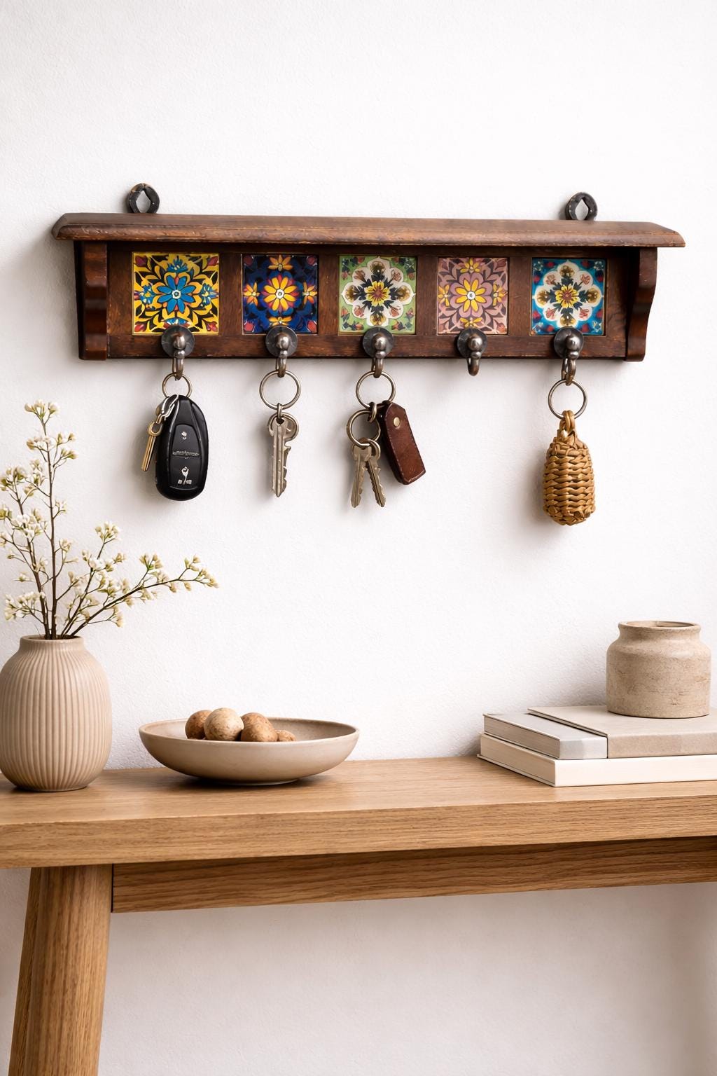 Luxury Solid Wood Key Holder With Hand-painted Tiles | Designer