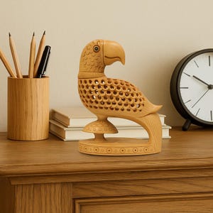 Hand-Carved Wooden Parrot Figurine: Boho Jali Wood Art
