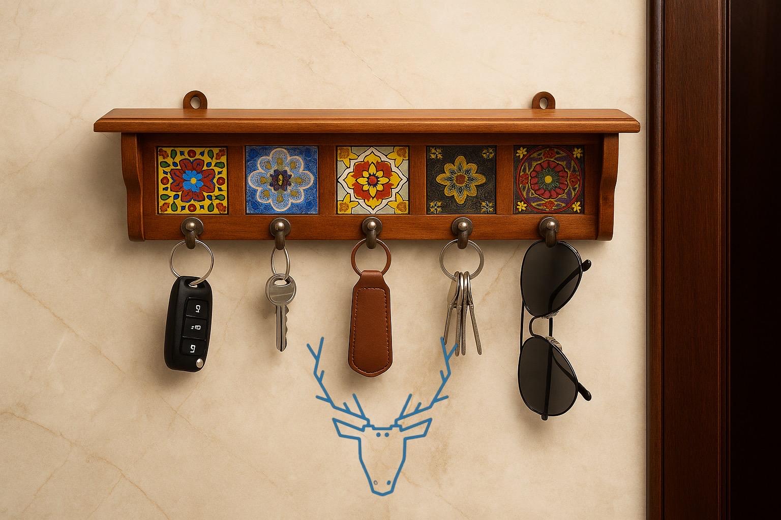 Modern Ceramic Tile Key Rack – Minimalist Wooden Wall Hook for Entryway or Office