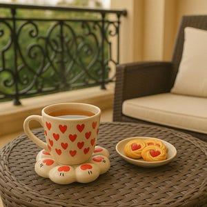 Handmade Ceramic Mug  Saucer Set with Heart Design – Cute Coffee & Tea Cup for Gifting or Everyday Use