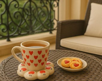 Handmade Ceramic Mug and Saucer Set – Heart Design, Tea Cup