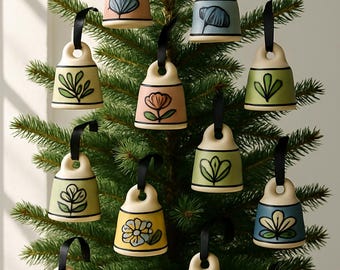 Handmade Ceramic Bell Ornament – Botanical Floral, Rustic Home Decor