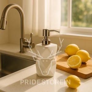 White Geometric Ceramic Soap Dispenser: Modern Bathroom Accessory