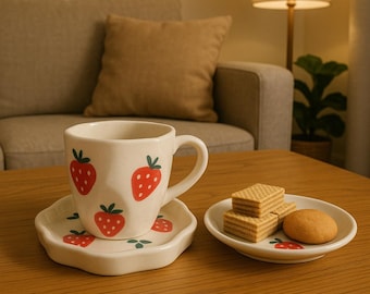 Handgemachtes Erdbeer-Keramikbecher und Untertassen-Set - Cottagecore Trinkgefäß