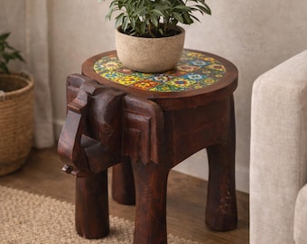 Mesita auxiliar con forma de elefante tallada a mano – Madera maciza, tablero de azulejos coloridos