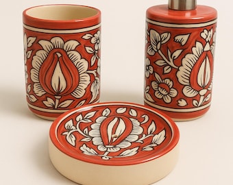 Hand-Painted Red Ceramic Bathroom Set – Floral Boho Vanity Decor