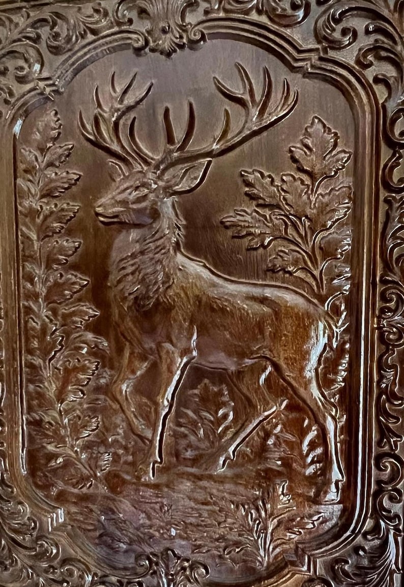 Carved Wooden Deer Wall Panel | Natural Teak Brown Stag Art, Rustic ...