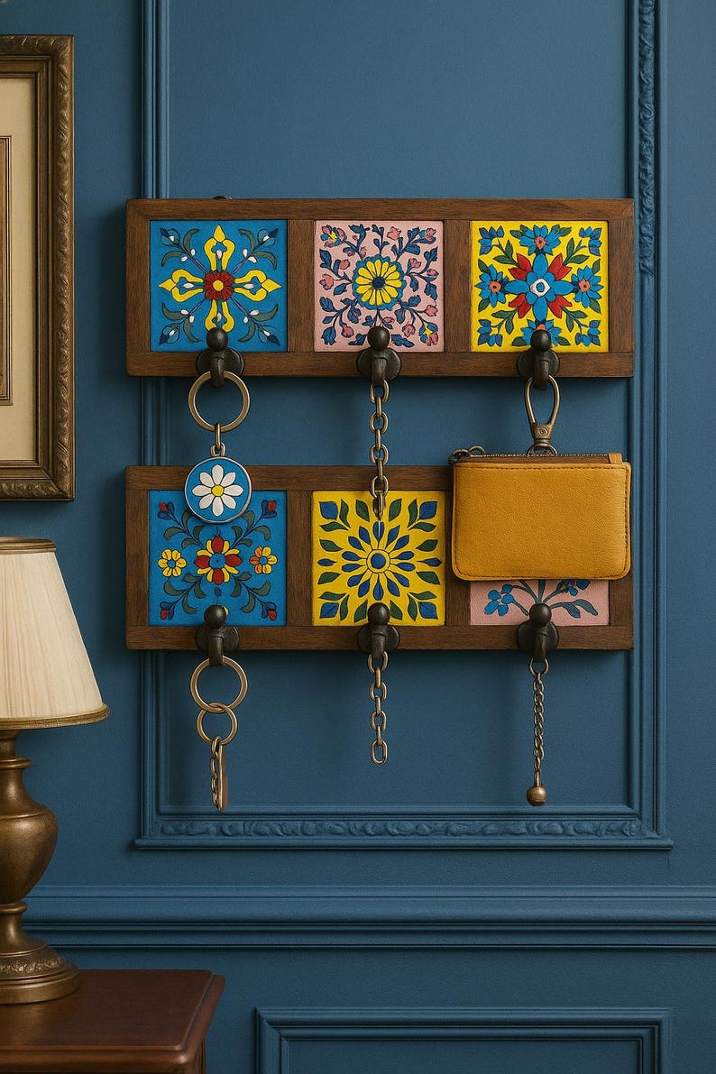 Inlay Ceramic Tile Key Rack – Wooden Wall Hook for Entryway or Office ...