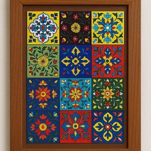 May include: A framed artwork with nine patterned tiles in a grid. Each tile displays a unique floral or geometric design in bright colours including yellow, blue, red, and green. The frame is made of brown wood.