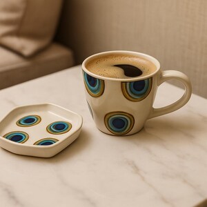 Handmade Ceramic Coffee Mug and Plate Set – Mid-Century Modern Eye Pattern – Unique Pottery Gift for Coffee Lovers