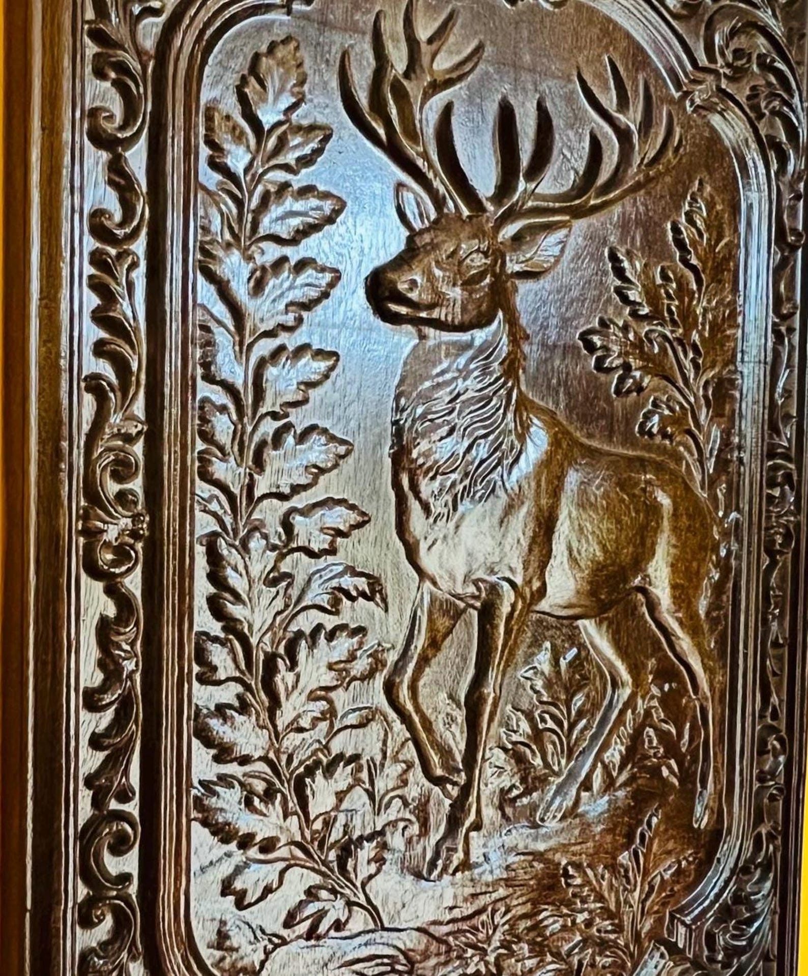 Carved Wooden Deer Wall Panel | Natural Teak Brown Stag Art, Rustic ...