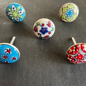 Cabinet Ceramic Knobs | Classic Colorful FLOWER Designs | Drawer Closet Dresser Wardrobe Furniture Door| Nuts & Bolts Included