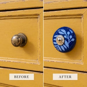 May include: A split image showing a before and after comparison of a drawer knob. The left side features a plain, weathered brass-toned knob. The right side displays a round, glossy blue ceramic knob with a white leaf pattern and a silver center.