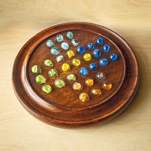 Luxury Marble Wooden Solitaire Board Game 9-inch - With 33 Crystal Glass Marbles included- Kids Game- Adults Game- Handcrafted