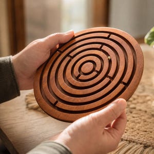 May include: A wooden labyrinth puzzle with a circular design. The puzzle is made of a warm-toned wood and features concentric grooves. A small metal ball is inside the maze. The puzzle is held by hands.