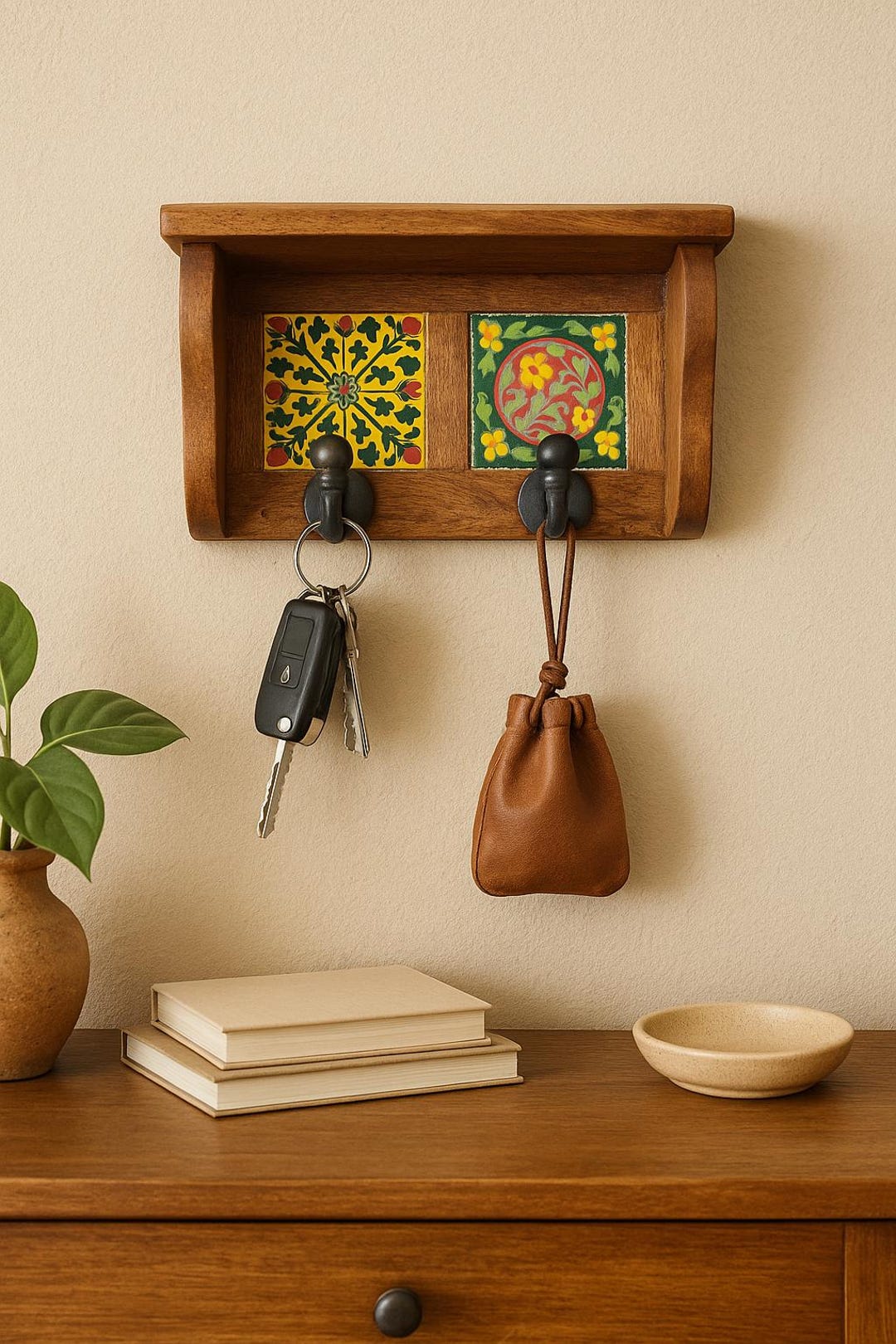 Ceramic Tile Key Rack – Minimalist Wooden Wall 2 Hook for Entryway or ...