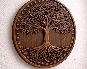 May include: A circular dark brown wooden wall plaque featuring a detailed relief carving of a tree with intricate branches and roots. The outer edge of the circular frame is decorated with a series of small, evenly spaced carved stars.