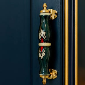 Hand-Painted Ceramic Drawer Pulls: Floral Cabinet Knobs, Brass Accents (7 Inch, 2 Piece Set)