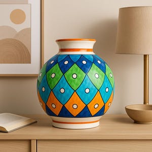 Puede incluir: Un jarrón decorativo de cerámica con cuerpo redondo y base ancha. El jarrón presenta un colorido patrón geométrico de diamantes azules, verdes y naranjas, con círculos blancos. El borde y la base tienen detalles en naranja.