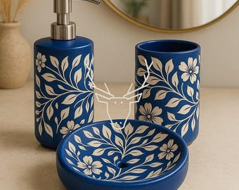 4-Piece Ceramic Bathroom Accessory Set - Honeycomb Geometric Design, Soap Dispenser, Toothbrush Holder, Cup & Dish, Blue - View #4