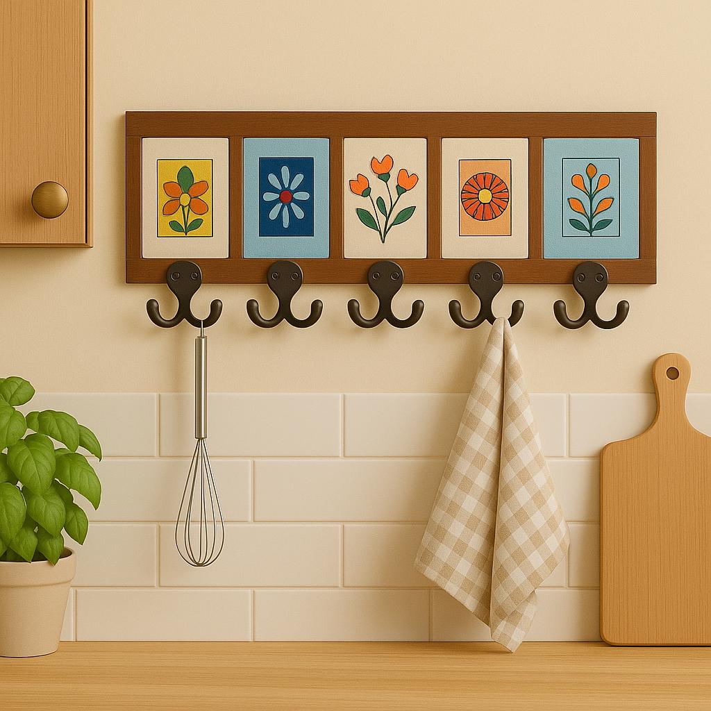Wall Mounted Key Rack With Colorful Ceramic Tiles – Espresso Brown Wood ...