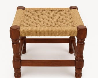 Handgeweven jute kruk – rustieke houten charpai-voetensteun | Boho boerderij poef | Handgemaakte Indiase kruk voor woonkamer- of slaapkamerdecoratie