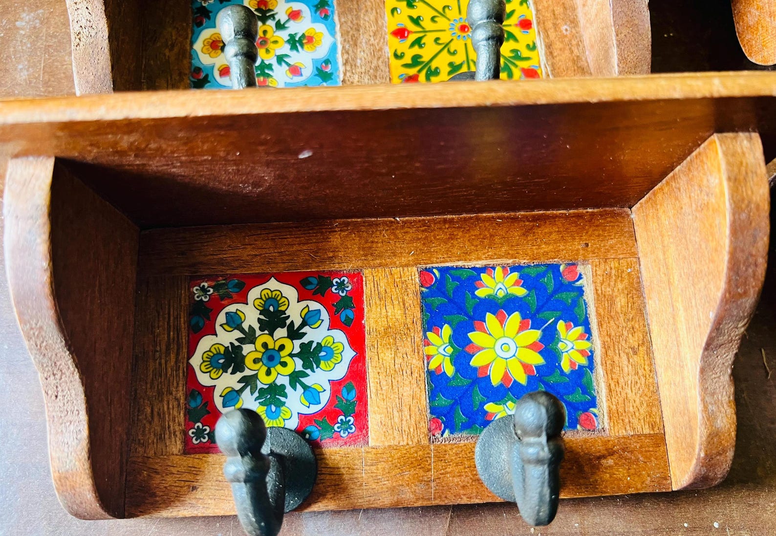 Ceramic Tile Key Rack – Minimalist Wooden Wall 2 Hook for Entryway or ...